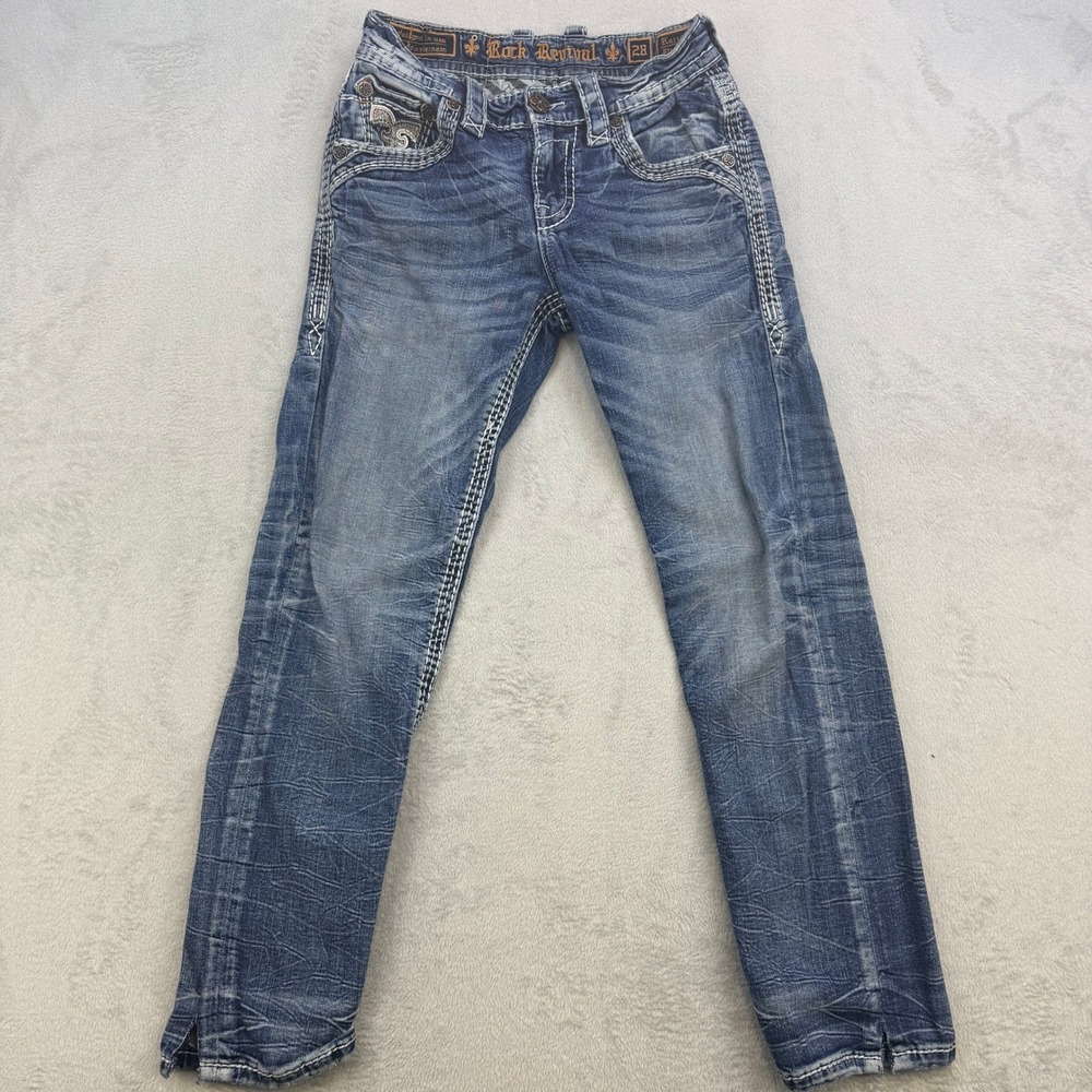 Rock Revival Karson Straight Jeans Mens 28 Blue Distressed Thick Stitch Y2K